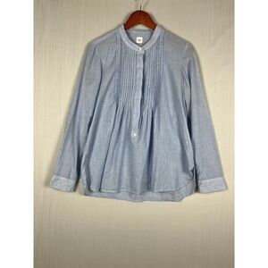 Gap Pintuck Pleated Blouse M Blue Cotton Long Sleeve Coastal Grandmother